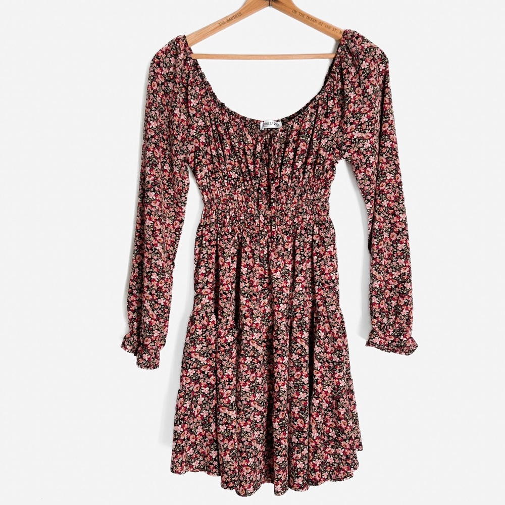 Boho Pink Floral Print Dress with Tie Neckline